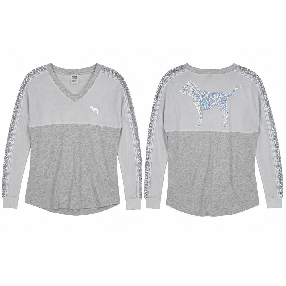 PINK Victorias Secret V Neck Shirt XS Gray Sequin Logo Spirit Jersey V-Neck Y2K
